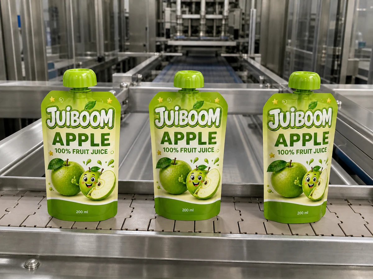 JUIBOOM Elma doypack dolum uygulamasını temsil eden üretim görseli