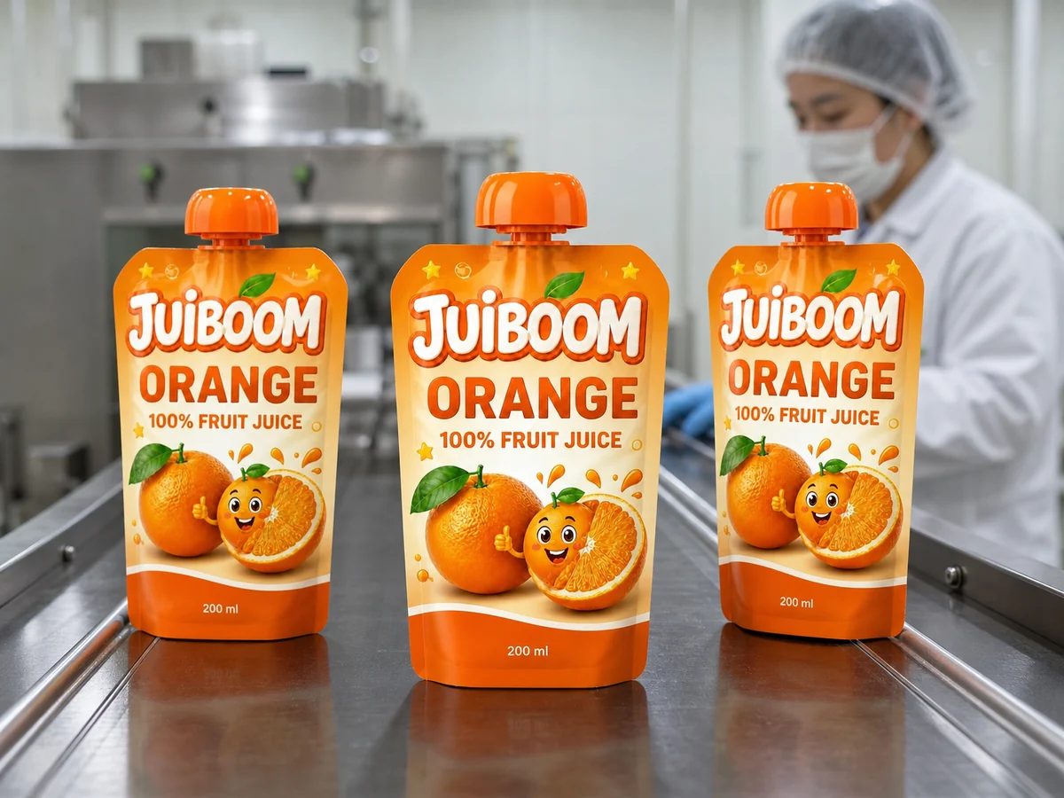 JUIBOOM Portakal doypack ürünlerinin üretim hattını temsil eden görsel
