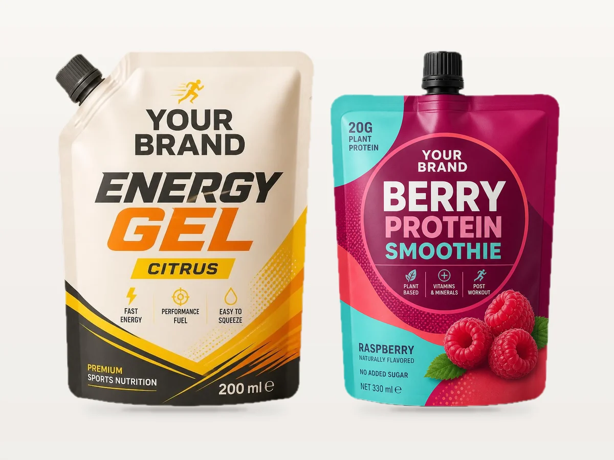 Enerji jeli ve protein içeceği için iki baskılı doypack ambalaj konsepti