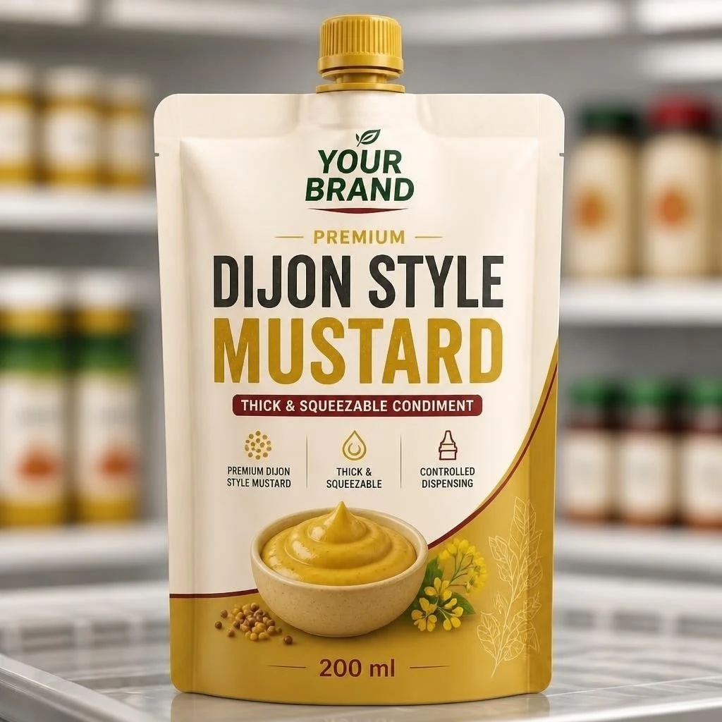 Your Brand Dijon hardal tasarımlı temsili spoutlu sos ambalajı