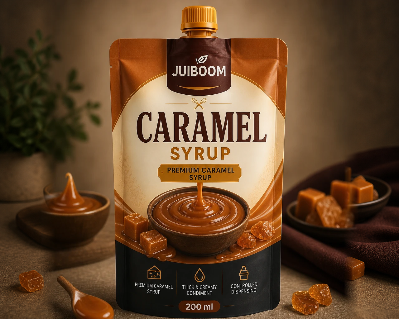 Temsili JUIBOOM karamel şurubu doypack ambalaj konsepti