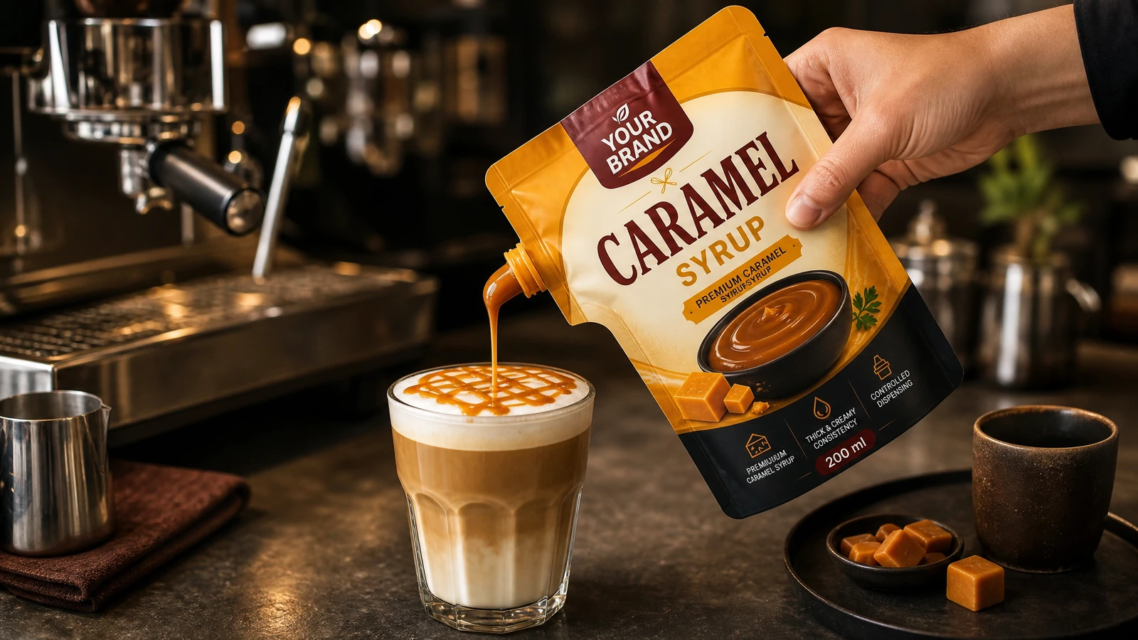 Your Brand karamel şurubu tasarımlı temsili ambalaj ve kahve servis sahnesi
