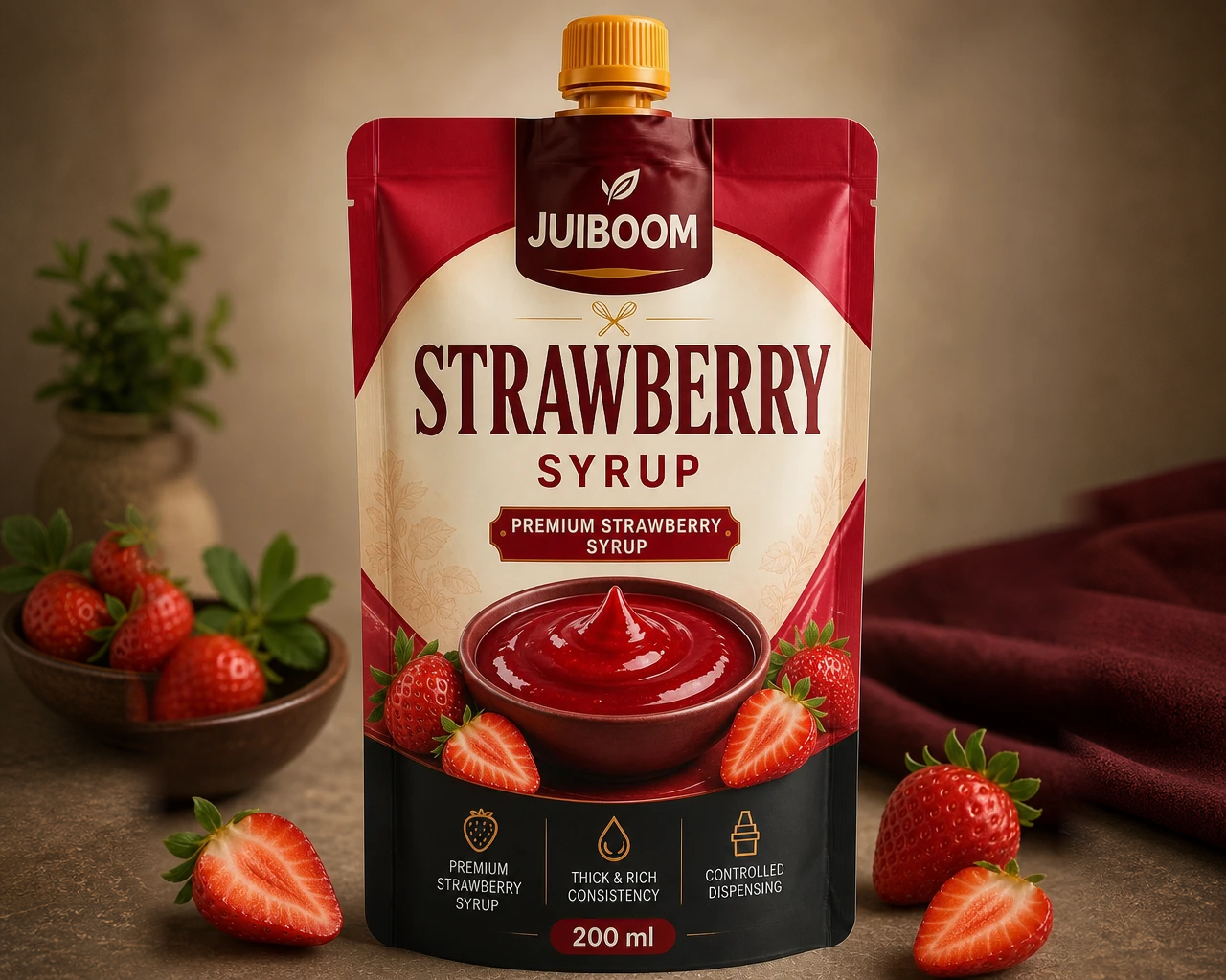 Temsili JUIBOOM çilek şurubu doypack ambalaj konsepti